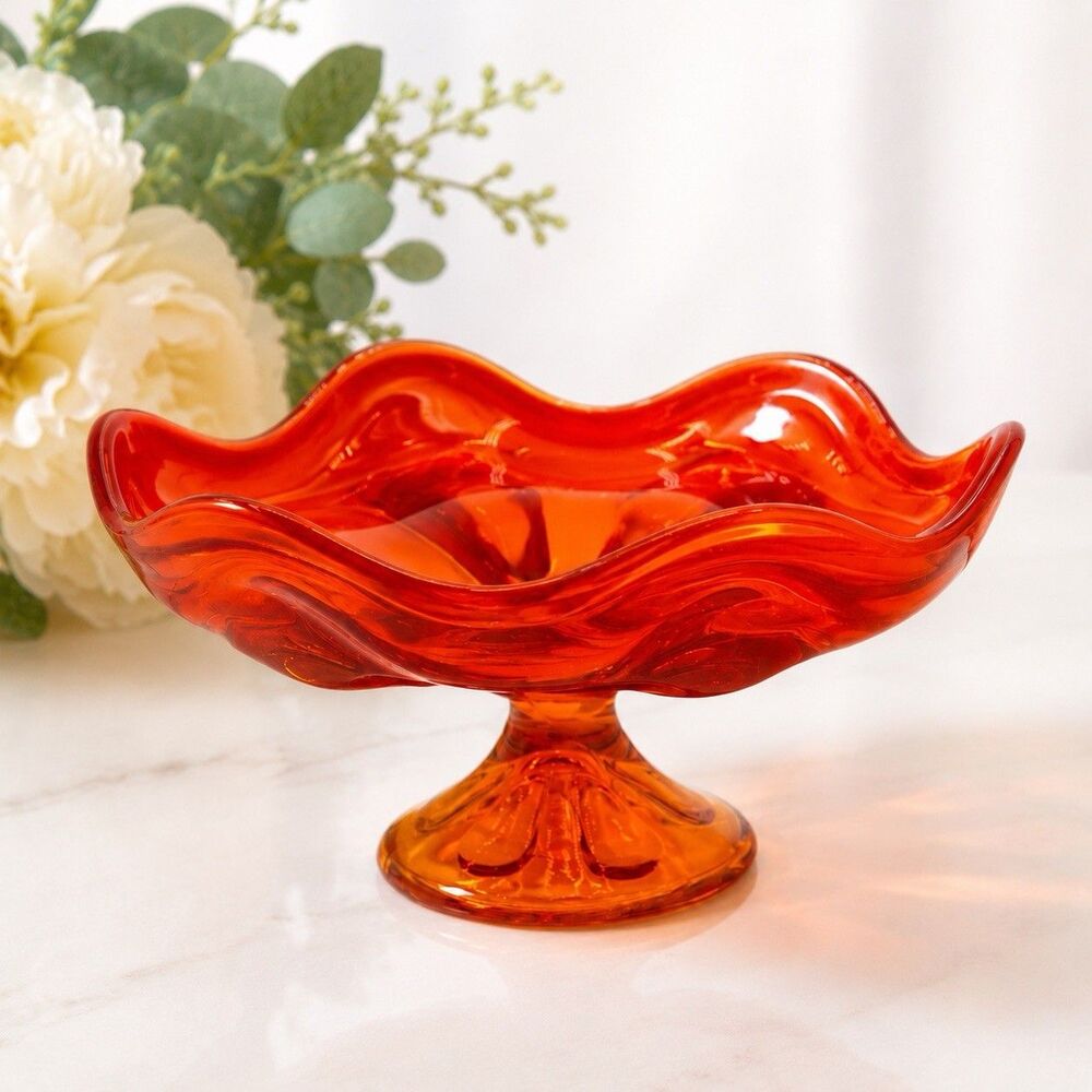 Viking Epic 6 Petal Compote Bowl Persimmon Orange Amberina Art Glass MCM 7"